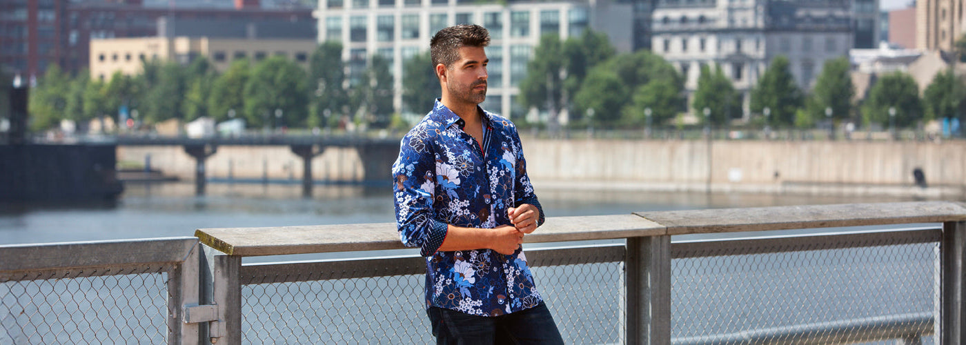 Chemise tendance homme manches longues à fleurs, style fashion.