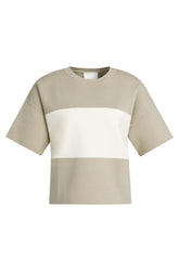 Front view of women's beige short sleeve knit T-Shirt with crewneck and wide cream stripe by YAYA
