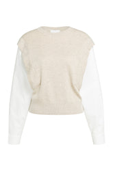 YAYA women's beige crewneck knit long-sleeve knit sweater with white woven sleeves and ribbed hem, front view
