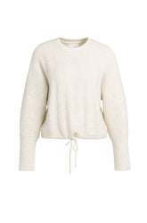Women's ivory knit long-sleeve knit sweater front view with crewneck, and drawstring hem by YAYA