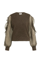 YAYA women's brown knit long-sleeve knit sweater front view with sheer ruffled sleeves and ribbed cuffs