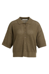 YAYA women's olive brown open-knit cardigan with short sleeves, polo collar, and full button closure shown from the front
