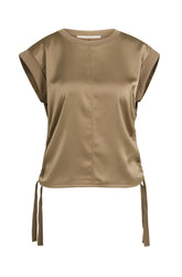 T-Shirt taupe à manches courtes, vue avant, avec couture centrale et longs liens côtés pour femme par YAYA