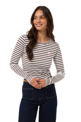 Kaffe women's ivory and brown striped long sleeve T-Shirt with crewneck and pink heart patch, front model view