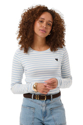Kaffe women's waist-up front view of white and light blue striped long sleeve T-Shirt with heart patch