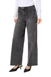 Kaffe women's washed black wide-leg jeans with patch pockets and full-length hems, front model view