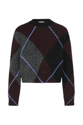 Kaffe women's dark burgundy knit long-sleeve knit sweater with gray, black and light blue argyle pattern, front view