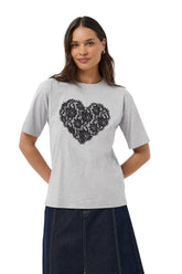 Kaffe women's heather gray Short-sleeve T-Shirt with black lace heart and crewneck, front model view