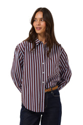 Front model view of women's burgundy striped button-up long-sleeve blouse with pointed collar and by Kaffe