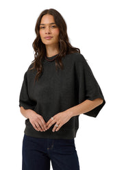 Kaffe women's dark charcoal knit Short-sleeve T-Shirt with crewneck and wide, front waist-up view