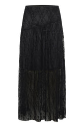 Women's black maxi skirt product view with floral lace overlay, diagonal yoke seam, and sheer lower hem by Kaffe
