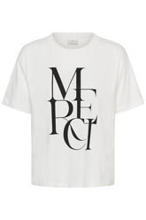 T-Shirt blanc à manches courtes, vue de face, avec imprimé noir MERCI et encolure ronde pour femme par Kaffe