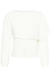 Kaffe women's ivory fuzzy knit long-sleeve knit sweater with, boat neckline, and draped overlay shown from the front
