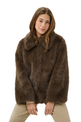 Women's front waist-up model view of a brown faux fur jacket with a wide spread collar by Cream