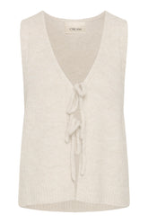 Cream women's ivory sleeveless knit vest, front view with V-neck and tie-front closures