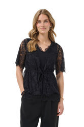 Cream women's black sheer lace short-sleeve blouse front view with, scalloped hem, and waist tie