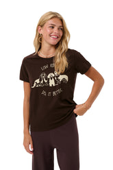 Women's dark brown graphic Short-sleeve T-Shirt with cream dog print and crew neck shown from the front