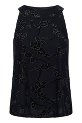 Women's front of a black sleeveless floral blouse with glitter accents and a high round neck, product view by Cream