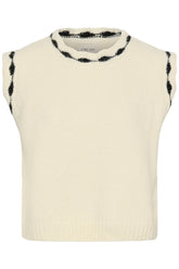 Veste sans manches en tricot crème avec bordure noire au col rond et aux emmanchures pour femme par Cream, vue de face