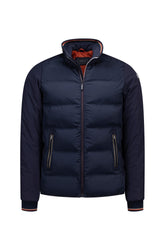 Jacket matelassé marine vue de face avec doublure orange, poches zippées et poignets rayés pour homme par NZA