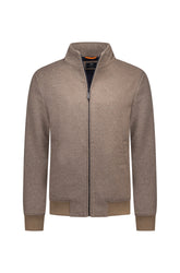 Men's taupe bomber jacket, front view, with stand collar, black zipper, and ribbed cuffs and hem by NZA