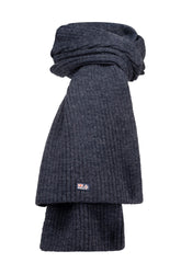 Men's charcoal gray ribbed knit scarf, folded with small logo patch near the hem, product view by NZA