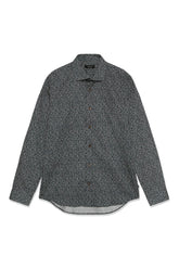 Front view of men's dark green long sleeve button-up shirt with white floral vine print by Matinique