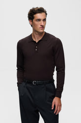 Matinique men's dark brown long sleeve polo with flat collar and four-button placket shown from the front