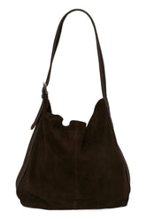 Sac hobo en suède brun foncé avec longue bandoulière courbée pour femme par Part Two, vue de face