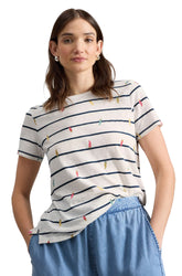 Vue de face sur mannequin du t-shirt ivoire à manches courtes, rayures marines et piments colorés pour femme par White Stuff