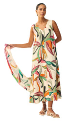 Robe maxi crème sans manches à col en V, imprimé feuilles tropicales colorées pour femme par White Stuff, vue de face