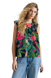 Vue avant mi-corps de la blouse sans manche sarcelle foncé à imprimée tropical fleurs et oiseau pour femme par White Stuff