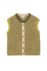 White Stuff women's olive marled sleeveless knit vest with cream button placket, front view