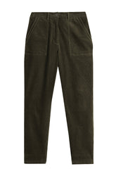 Women's olive green corduroy pants, front product view with patch pockets and button waist by White Stuff