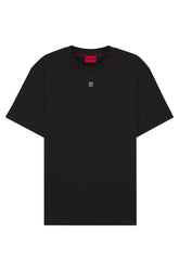 Men's black short sleeve crewneck T-Shirt with small square HUGO chest logo patch, product view by HUGO BOSS