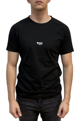 T-shirt noir à col rond, manches courtes et petit logo BOSS blanc pour homme par HUGO BOSS, vue de face