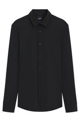 Chemise habillée noire à manches longues, vue de face avec col pointu et patte boutonnée pour homme par HUGO BOSS