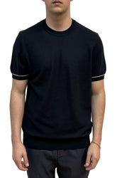 T-shirt noir en tricot à col rond, ourlet côtelé et passepoil blanc aux manches pour homme par HUGO BOSS, vue de face