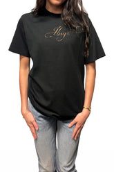 T-shirt noir à manches courtes avec logo Hugo cursif métallique au buste pour femme par HUGO BOSS, vue de face
