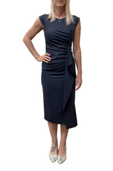 Front view of women's dark navy pinstriped midi midi sleeveless dress with fitted shape and side drape by HUGO BOSS