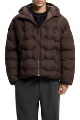 HUGO BOSS men's dark brown hooded puffer jacket with full zipper and angled zip pockets, front model view