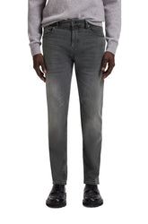 HUGO BOSS men's washed gray straight-leg jeans with five pockets and button fly, front model view
