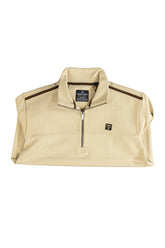 Fellows men's beige quarter-zip knit long-sleeve knit sweater folded front view with grid-stitched yoke and chest logo patch