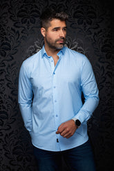 Au Noir men's light blue button-up shirt with spread collar and dark blue micro-dot pattern shown from the front