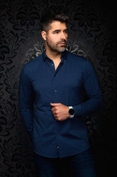 Au Noir men's navy long sleeve button-up shirt with small light blue dot print, front model view with open collar