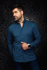 Au Noir men's navy long sleeve button-up shirt with thin light blue vertical stripes shown from the front