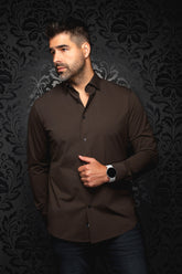 Front view of Au Noir men's dark brown long sleeve button-up shirt on model, open collar and black buttons visible