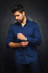 Au Noir men's navy blue long sleeve button-up shirt with spread collar and tonal buttons, front view