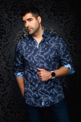 Au Noir men's navy button-up shirt with rolled contrast cuffs and light blue leaf print shown from the front