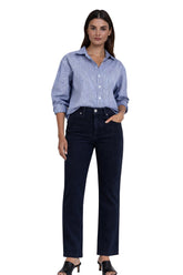 Carreli Jeans women's dark indigo straight-leg jeans with high waist, button closure, and front pockets, front view